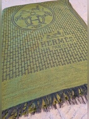 Olive Green Hermès Libris Cashmere & Silk Jacquard Scarf/Stole